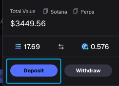 Меню баланса Axiom: кнопки Deposit и Withdraw; Deposit выделена голубой рамкой