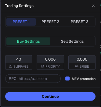 Trading Settings в Axiom: Buy Settings, Sell Settings, Slippage, Priority, Bribe, MEV protection и Continue