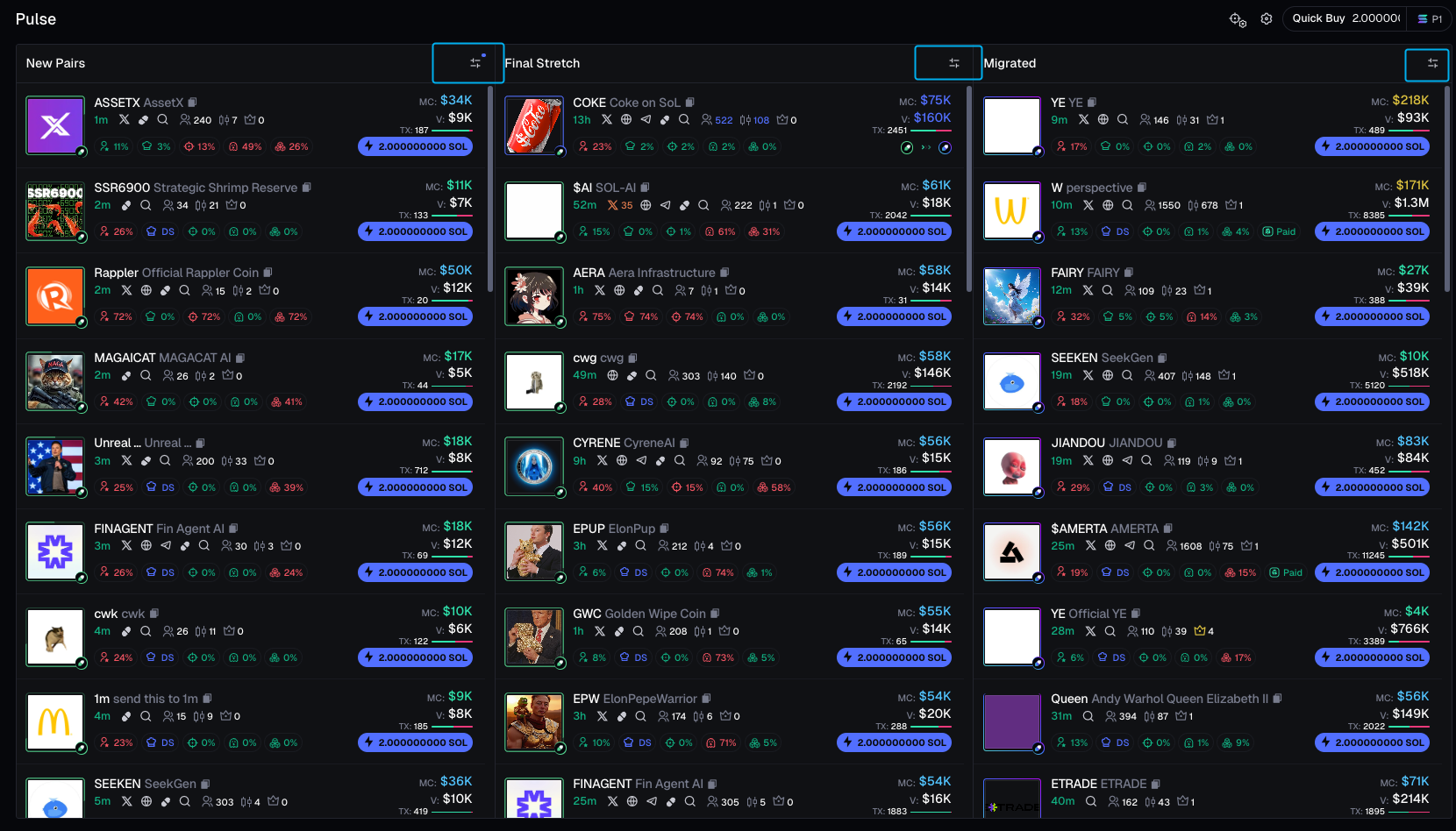 Pulse в Axiom с колонками New Pairs, Final Stretch и Migrated и выделенными кнопками фильтров