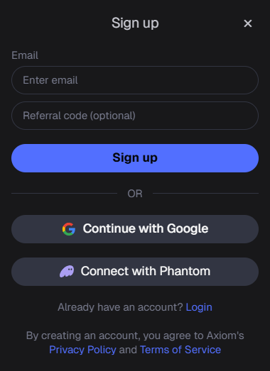 Регистрация Axiom: email, Continue with Google, Connect with Phantom