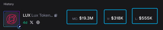 Шапка токена LUX в Axiom с выделенными Market Cap, Volume и Liquidity
