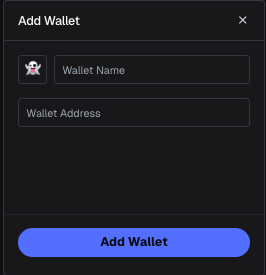 Пустая форма Add Wallet: emoji, Wallet Name, Wallet Address и кнопка Add Wallet