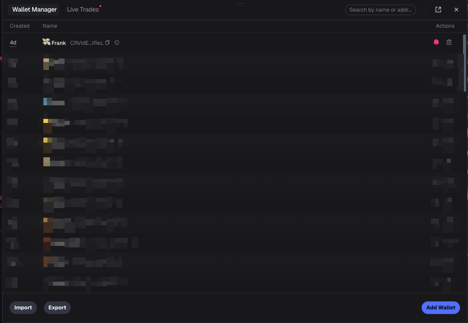 Wallet Manager в Axiom: список отслеживаемых кошельков, поиск и Add Wallet справа внизу