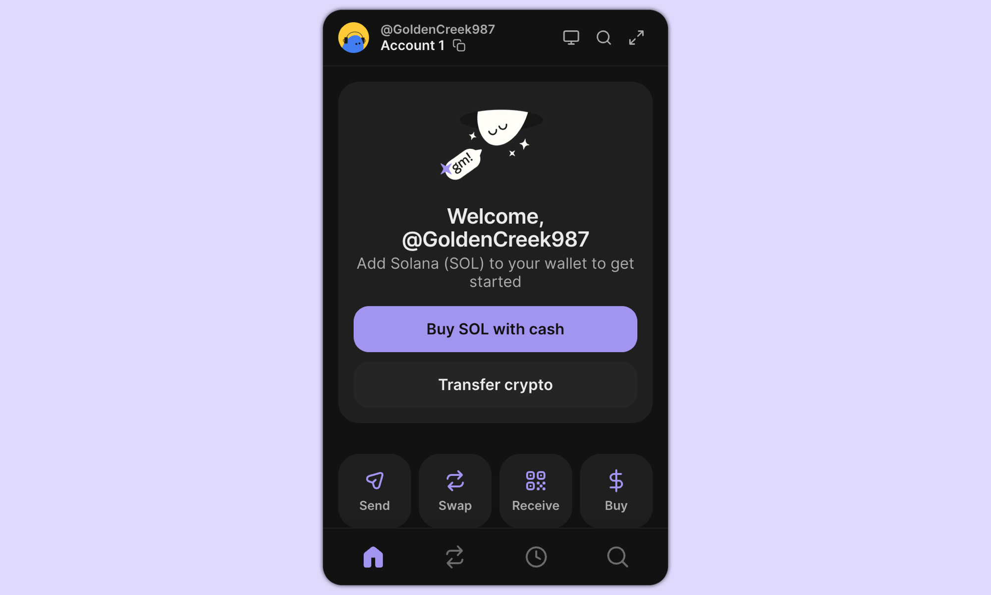 Пустой кошелёк Phantom: Account 1 вверху; Send, Swap, Receive и Buy в нижнем ряду